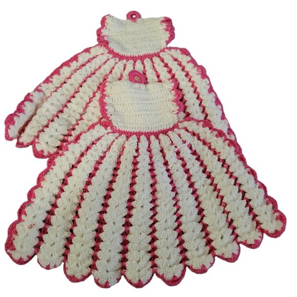2 Cotton Crocheted Potholders Trivets Dishsoap Bottle Dresses Pink White MCM Vtg
